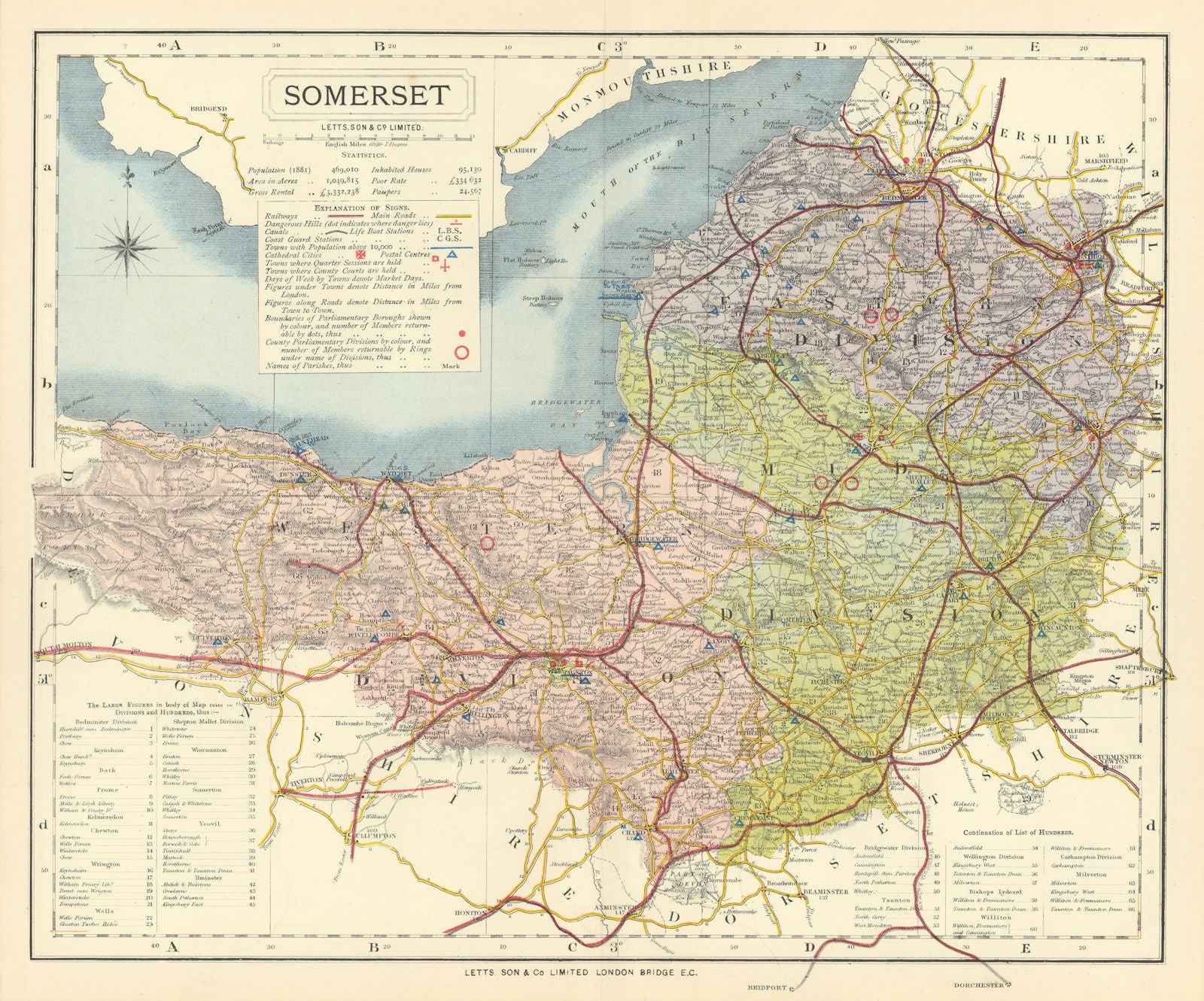 Somersetshire county map showing Post Towns & Market Days. LETTS 1884 old
